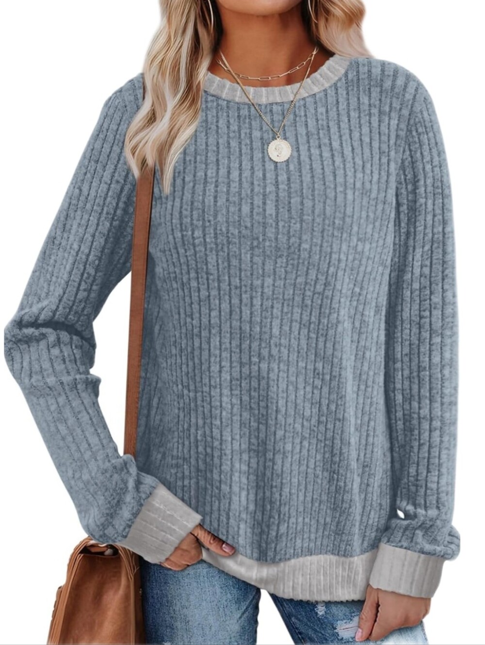Blue Colorblock Crew Neck Sweater